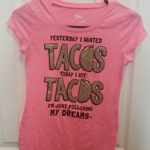 Pink shirt with glitter and tacos